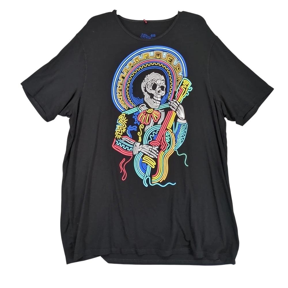Ay Guey Black Calavera Guitar T-Shirt Mens 4XL Mexican Puff Print Latin Folk Art